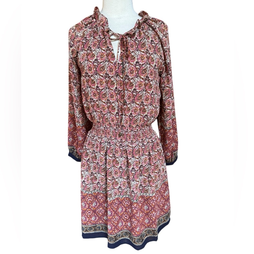 NWOT Bohme Smocked Waist Boho Chiffon Ruffle Neck Tie Lined Dress